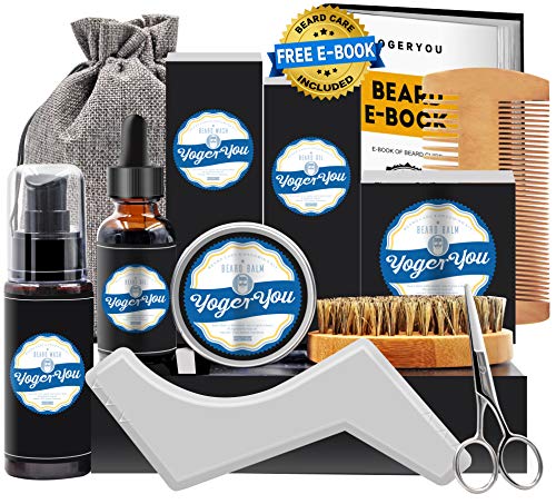 Kit Soins Barbe Hommes Complet Croissance,Entretien,Toilettage et Coupe -Shampoing Barbe,Huile