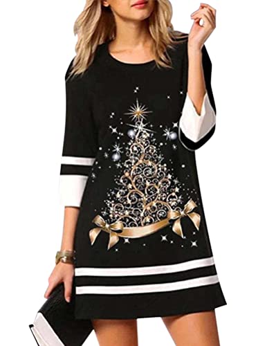 Minetom Robe Noël Femme Elégante Col Rond Manches Longues Imprimé