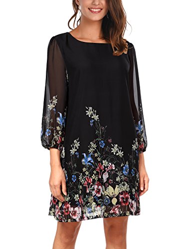 Djt Femme Robe Manches Longues en Fleur Mousseline de Soie