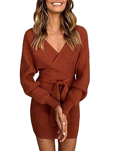 Asskdan Femme Elégant Robe Pull Tricoté Col V Croisé Manche