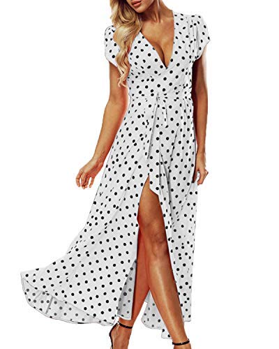 ACHIOOWA Femme Sexy Boho Robe Longue Col V Manches Courtes
