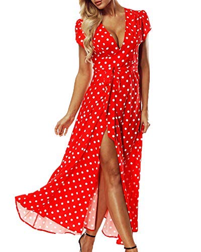 ACHIOOWA Femme Sexy Boho Robe Longue Col V Manches Courtes