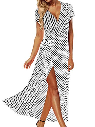 ACHIOOWA Femme Sexy Boho Robe Longue Col V Manches Courtes