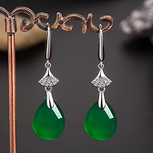 Vintage Naturel Émeraude Jade Calcédoine Femme Boucles d'oreilles 925 Argent