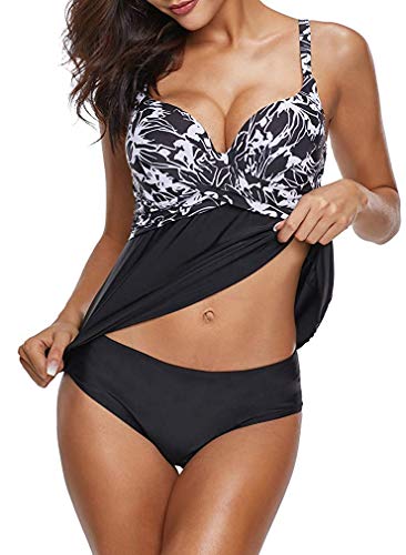 Leslady Maillots de Bain Femme Tankini Jupette Imprimé Push-up Rembourré