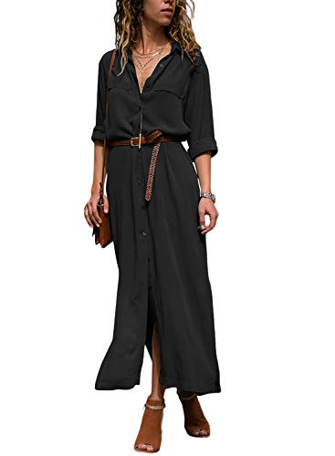 Dokotoo Robe Femme Maxi Manches Longues Chemise Robe Split avec