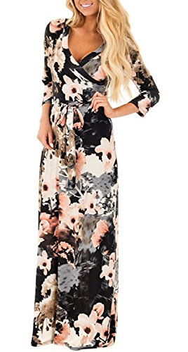 Robe Longue Femme Boheme Manche 3/4 Été Tunique Col V