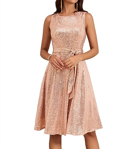 Paillettes Robe A-Ligne Trapèze sans Manche Vintage Robe Cocktail Swing