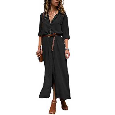 Dokotoo Robe Femme Maxi Manches Longues Chemise Robe Split avec Centure S-XL, A-noir, XL(EU48-50)