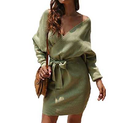 LAEMILIA Robe Pull Moulante Femme Coton Mélange Manche Longue Cache Coeur avec Ceinture Oversize Sweater Elégant Hiver (EU36 (Tour de Poitrine 78-96cm), Vert)
