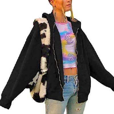 Geagodelia Veste à Capuche Femme Hoodie Sweat de Sport Oversize Vintage Zippé Blouson Couleur Solide Cardigan Pullover Outwear Y2K E-Girl Survêtement Jacket Printemps Automne (Noir, M)