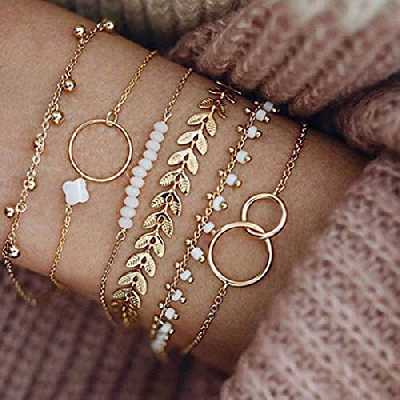 Branets Lot de 5 bracelets perles à main argent avec leaf et circle bracelet chaîne de main pour femmes et filles